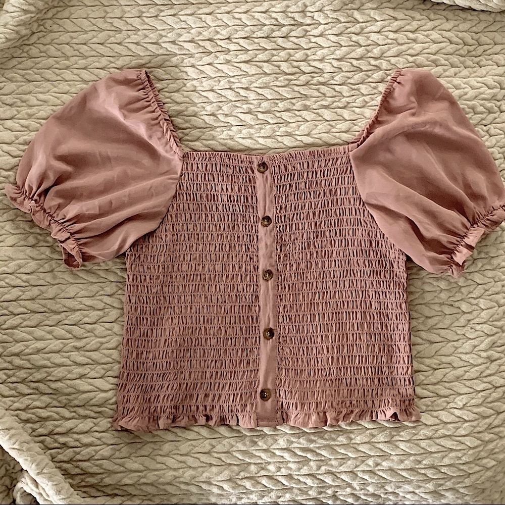 Blush puff sleeve shirted button top
